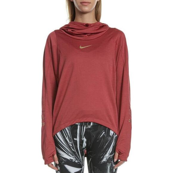 Nike Glam Metallic Hooded Funnel Neck Pullover Long Sleeve Red Gold Size Small - Picture 1 of 12